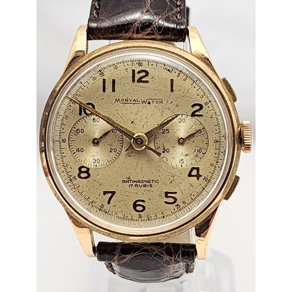 Vintage Monval 18K Rose Gold 37mm 17J Antimagnetic Chronograph Swiss Watch - Picture 2 of 16